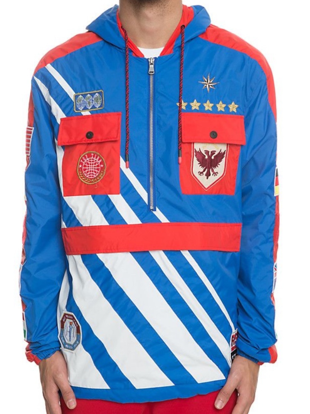 Reason Small Podium Flag Blue Red Hooded Patchwork Windbreaker Anorak Jacket